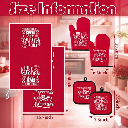 Sratte 6 Pcs Kitchen Decor Accessories Set Farmhouse Towels Pot Holders Oven Mitts Set 2 Dish Towels 2 Potholders 2 Cooking Mittens Oven Glove for Christmas Baking Cooking Supply(Red,Kitchen)