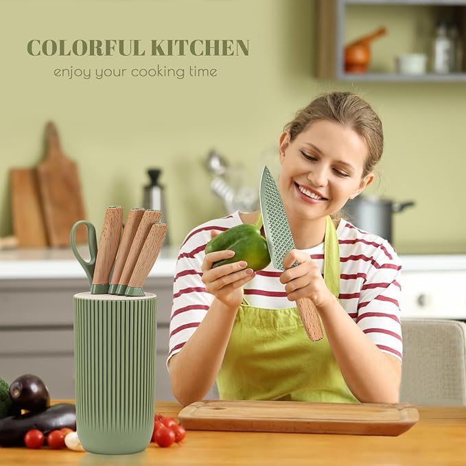 Kitchen Knife Set, Retrosohoo 6 Pieces Green Professional Knife Set with Universal Knife Block, Super Sharp Knife Set with Ergonomic Handle, Non-stick Stainless Steel Knife Block Set(Green)