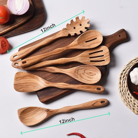 Gudamaye 12 inch Olive Wooden Utensils for Cooking, Long Handle Wooden Spoons, 6 Pieces Crafting Wooden Spoon Set, Natural Olive Wood Kitchen Utensil Set