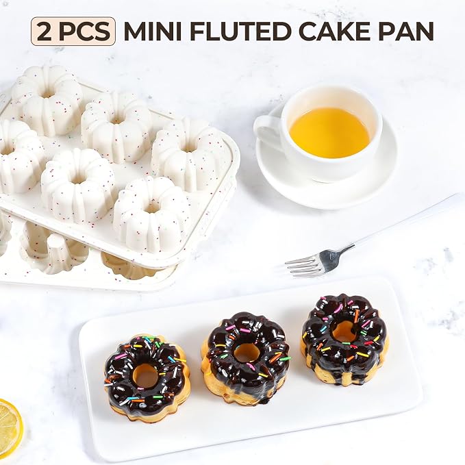 FUNBAKY 3 Inch Mini Fluted Tube Cake Pans for Baking with Metal Reinforced Frame, 2Pcs Silicone 6-Cavity Mini Flan Molds, Nonstick Baking Mold for Cupcake, Brownie, Donuts, Cornbread, Jello