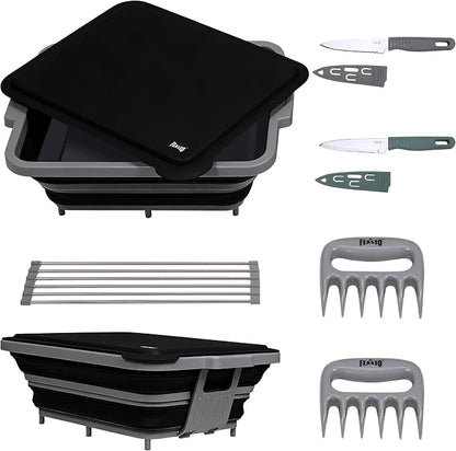 Feasto Collapsible BBQ Prep Tubs with Cutting Board, 9-IN-1, 2 Tubs Portable Grill Prep Station with Side Brackets, Lids, Knives, Meat Claws and Drain Rack, Space-Saving for Kitchen & Camping, Black