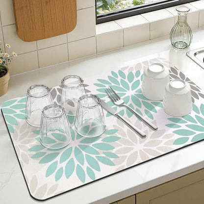 Findosom Floral Dish Drying Mat, 16" x 24" Super Absorbent & Hide Stain Coffee Mat, Cuttable Drying Mat for Kitchen Counter, Under Dish Rack, Coffee Maker, Espresso Machine, Teal