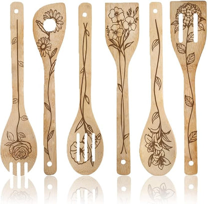 6Pcs 6 Styles Bamboo Cooking Utensils Floral Wooden Spoons 2.4 x 11.8 Inch Durable Kitchen Wood Spoons Set for Men Women Friends Housewarming Birthday Gift Wedding Apartment Essentials