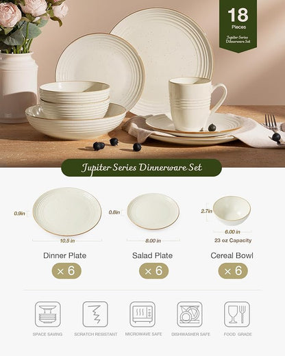 Famiware Jupiter 18-Piece Stoneware Dinnerware Sets for 6 – Handcrafted Plates and Bowls with Speckles & Embossed Swirls, Chip & Scratch Resistant, Modern Dishes for Daily & Formal Use, Vanilla White