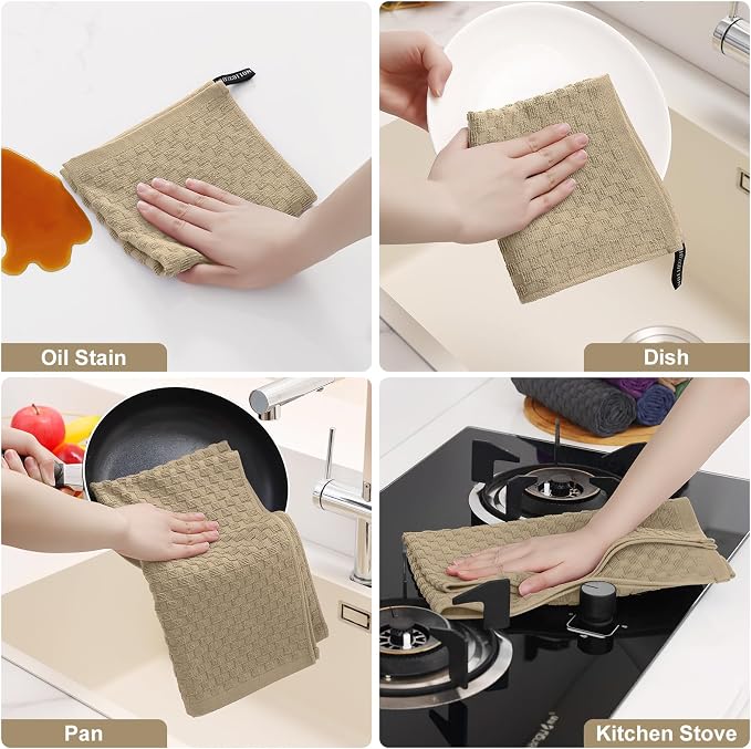 Homaxy 100% Cotton Kitchen Towels and Dishcloths Set, 12 x 12 & 15 x 25 Inches, Set of 10 Bulk Terry Cloth Dish Towels, Super Soft and Absorbent Hand Towel with Hanging Loop, Tan