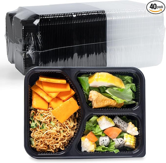 YANGRUI Meal Prep Containers 40 Pack 38 oz - Shrink-Wrapped No Pre-Wash | 3 Compartment Leak-Resistant Bento Box | BPA Free Shatterproof PP | Microwave Safe To-Go Food Storage for Leftovers & Parties
