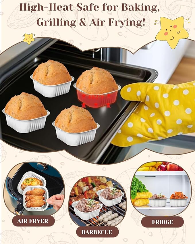 YQER 60 Pack 10oz Mini Cake Pans with Lids, Spoons, Stickers - Disposable Square Brownie Baking Cups - Individual Small Aluminum Foil Loaf Tins for Muffin, Ramekins, Cupcake - White Valentines, Sliver