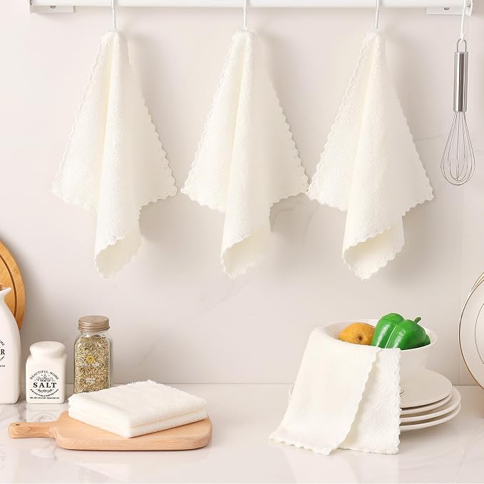 Kitinjoy 24 Pack Kitchen Cloths Dish Towels (10" x 10", White), Super Soft and Absorbent Dish Cloths, Nonstick Oil Fast Drying Coral Velvet Microfiber Cleaning