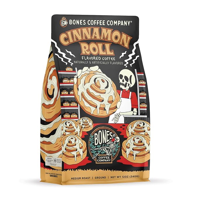 Bones Coffee Company Decaf Cinnamon Roll Decaffeinated Flavored Coffee, Medium Roast Low Acid Arabica Beans Compatible with Auto drip and French Press Coffee Maker, 12 Oz Ground
