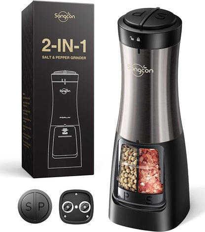 Sangcon 2-in-1 Electric Salt and Pepper Grinder, One Grinder for Two Seasonings, Automatic One-Handed Operation with Light, Adjustable Ceramic Mill, Refillable & Battery Powered