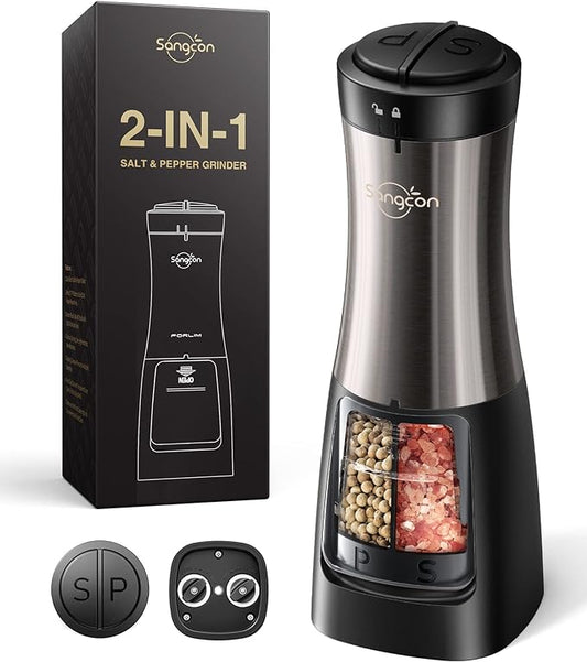 Sangcon 2-in-1 Electric Salt and Pepper Grinder, One Grinder for Two Seasonings, Automatic One-Handed Operation with Light, Adjustable Ceramic Mill, Refillable & Battery Powered
