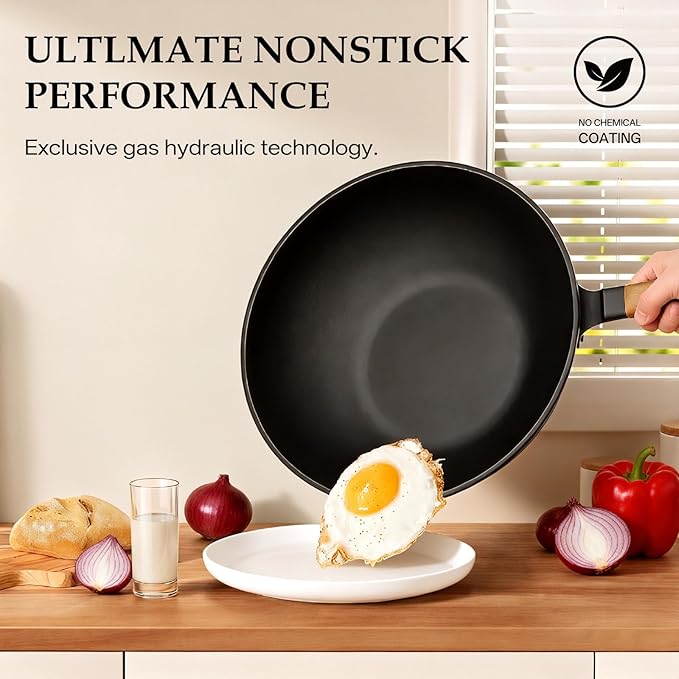 Carbon Steel Wok, New Chinese-Style Pan with lid, 13 Inch carbon steel woks & stir-fry pans nonstick, Suitable for Induction Cooktops, Electric Stoves, and Gas Ranges