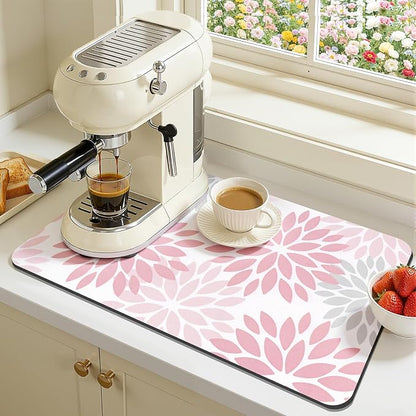 Findosom Floral Dish Drying Mat, 12" x 20" Super Absorbent & Hide Stain Coffee Mat, Cuttable Drying Mat for Kitchen Counter, Under Dish Rack, Coffee Maker, Espresso Machine, Pink