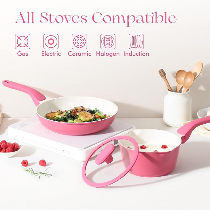 PRICUSIS Nonstick Ceramic Frying Pan, 8/10 Inch Skillet with Stay Cool Handle, Fully Coated, Induction Compatible, 100% Dishwasher Safe, PTFE PFAS & PFOA Free（8 Inch, Raspberry Red）