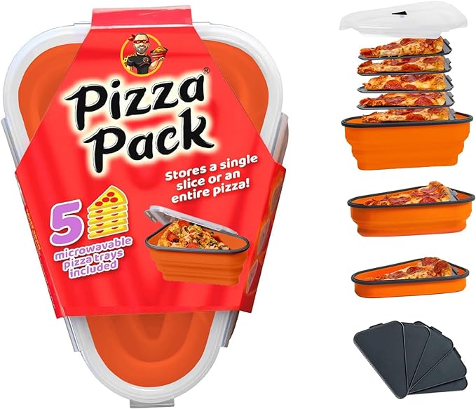 PIZZA PACK The Perfect Reusable Pizza Storage Container with 5 Microwavable Serving Trays - BPA-Free Adjustable Pizza Slice Container to Organize & Save Space, Orange
