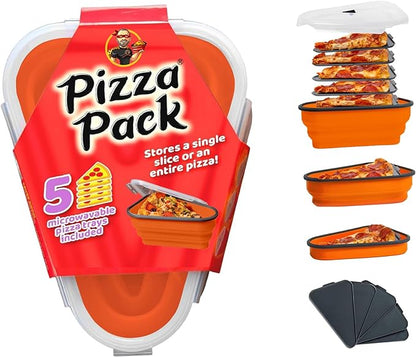 PIZZA PACK The Perfect Reusable Pizza Storage Container with 5 Microwavable Serving Trays - BPA-Free Adjustable Pizza Slice Container to Organize & Save Space, Orange