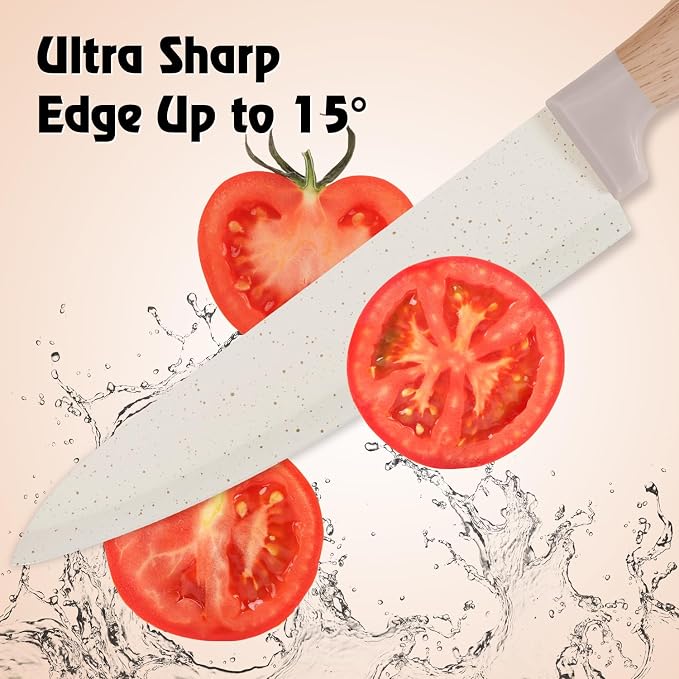 Knife Set, 15 Pcs Khaki Kitchen Knife Set for Home, Granite Nonstick Ceramic Coating, Stainless Steel Sharp Chef Knife Sets with Block, Wood Grain Handle, Ergonomic Non-slip Handle Knife Block Set