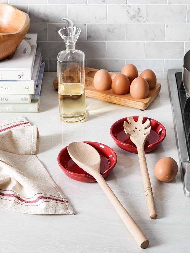 LE TAUCI Ceramic Spoon Rest, 4.8 Inch Spoon Rest for Stove Top, Spoon Holder for Kitchen Counter, Coffee Spoon rest, Utensil Rest for Cooking, Red