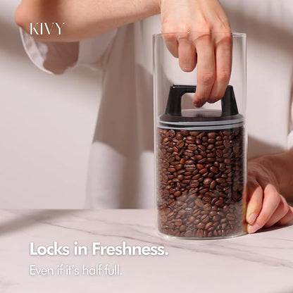 KIVY Vacuum Coffee Canister - Push Lid Preserves Aroma & Oil - Stainless Steel Airtight Container for Ground & Bean Storage - Removes Excess Air