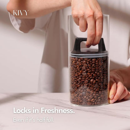 KIVY Vacuum Coffee Canister (Glass) - Push Lid Preserves Coffee Aroma & Oil - Stainless Steel Airtight Coffee Canister - Coffee Container for Ground Coffee & Coffee Bean Storage - Removes Excess Air