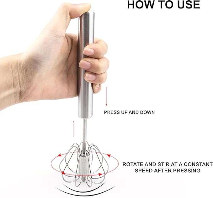 Stainless Steel Whizzy Whisk, Semi Automatic Whisk Egg Whisks Mixer for Stirring, Blending, Whisking, & Beating Blender, Hand Push Mixer (10 inches)