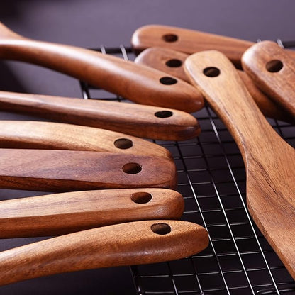 Wooden Spoons for Cooking,GUDAMAYE 10 PCS Wooden Kitchen Utensils Set,Wooden Cooking Utensils For Non-stick Pan,Teak Wood Utensils Set,Spurtles Kitchen Tools As Seen On Tv