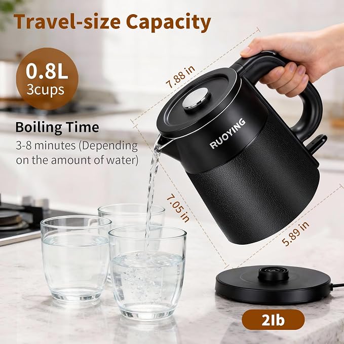 0.8L Small Electric Kettle, Travel Portable Double Wall Stainless Steel Water Boiler, 304 Food Grade Seamless Inner Tank, 120V/1000W Fast Boiling, Auto Shut-Off & Boil Dry Protection(Black)