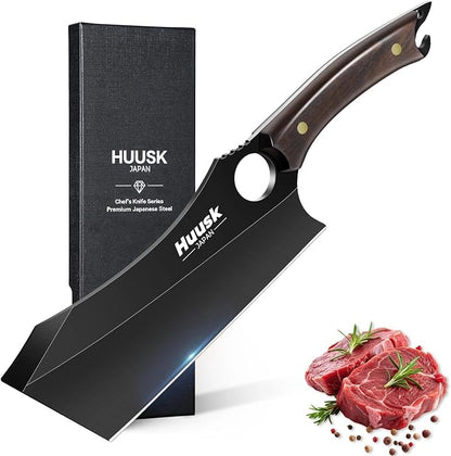 Huusk Meat Cleaver, 6.7 Inch Professional Cleaver Chef Knife with Anti-rust Titanium Coating, Ultra Sharp Vegetable Chopping Knives for Home Kitchen and Restaurant