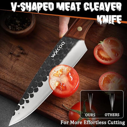 4PCS Kitchen Knife Set with Shears for Kitchen, High Carbon Steel, Hammered Blade Butcher Knives, Hand Forged Chef Cleaver, Fillet & Bone Chopper for Meat Cutting, Processing & BBQ - Black