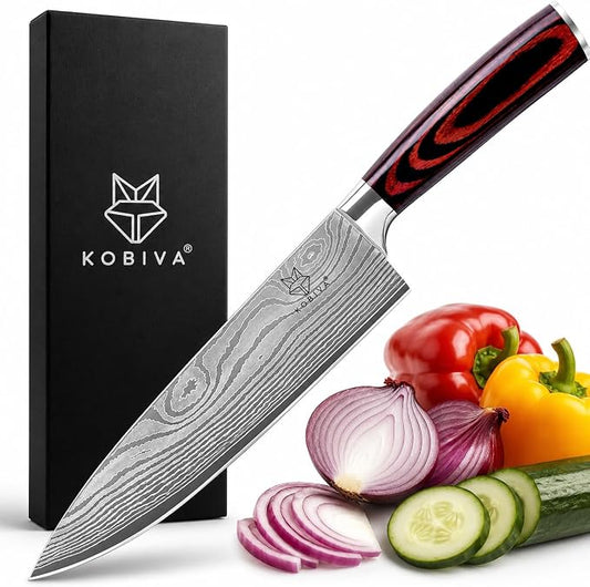 Japanese Chef Knife 8 Inch | High Carbon Stainless Steel Kitchen Knife | Ultra Sharp Damascus-Pattern Blade | Ergonomic Handle | Professional Cooking Knife for Meat, Fish & Vegetables | Gift