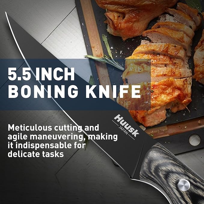 Huusk Butcher Knife Set 2PC-Sharp Meat Cleaver Full Tang Boning Knife with Leather Sheath Titanium Plated Kitchen Chef Knives for Outdoor Camping Thanksgiving Christmas Black