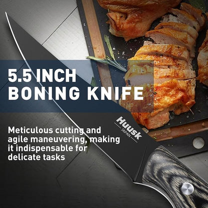 Huusk Butcher Knife Set 2PC-Sharp Meat Cleaver Full Tang Boning Knife with Leather Sheath Titanium Plated Kitchen Chef Knives for Outdoor Camping Thanksgiving Christmas Black