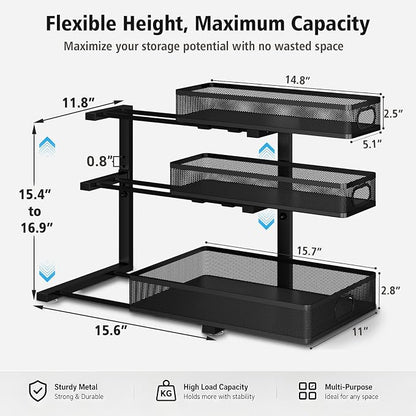 Under Sink Organizer, 3 Tier Pull Out Cabinet Organizer with 5 Adjustable Heights, Metal Under Sink Storage with Sliding Drawers for Kitchen, Bathroom, Pantry and Laundry Room, 2-Pack Black