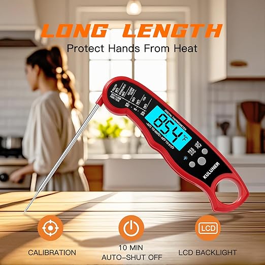 KULUNER Instant Read Meat Thermometer, Digital Food Thermometer with 4.6" Folding Probe, IP67 Waterproof, Backlight & Calibration, 2-3s Fast Reading for Kitchen Grilling BBQ Cooking Candy - Red