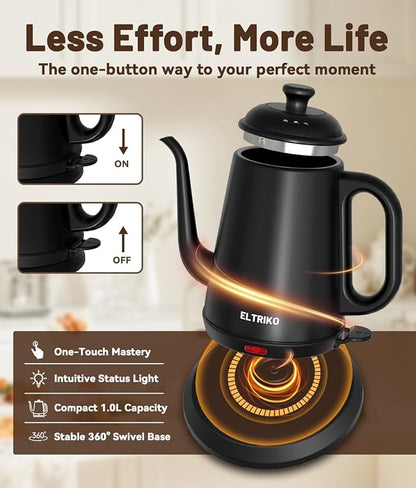 Gooseneck Electric Kettle, 1L Water Boiler, Pour Over Coffee & Tea, 1000W Fast Heating, Stainless Steel, Auto Shut-Off & Boil-Dry Protection, BPA-Free (Black)