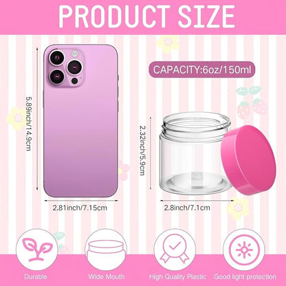 SATINIOR 24 Pieces Empty Clear Plastic Jars with Lids Round Storage Containers Wide Mouth for Beauty Product Cosmetic Cream Lotion Liquid Butter Craft and Food(Pink Lid,6 oz)