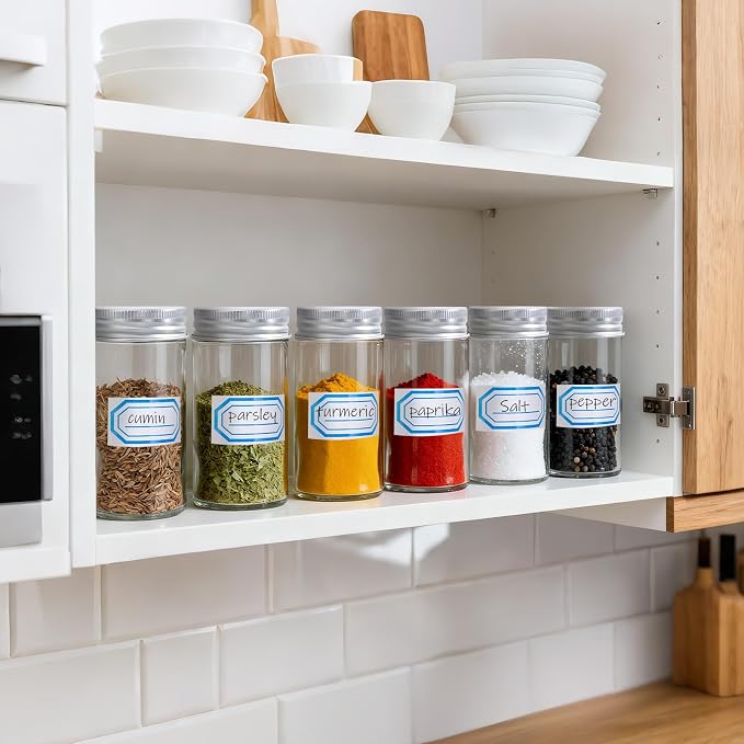 Segarty 3oz Spice Jars with Silver Aluminum Lid, 6PCS 90ml Round Spices Bottles for Seasonings Cereals Storage, Empty Glass Seasoning Container Set, Salt and Pepper Organizers with 7 Stickers, 1 Brush