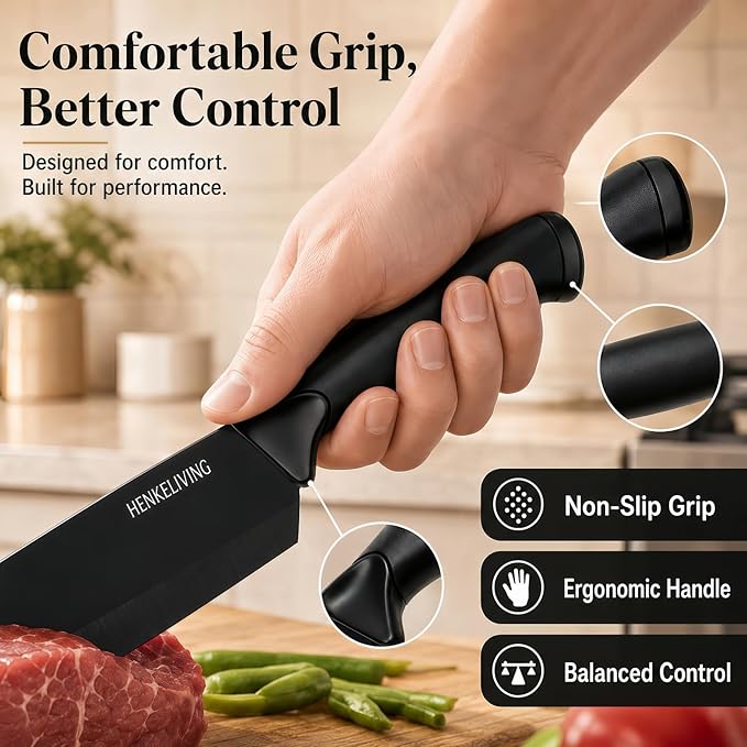 Knife Set, 19-Piece Dishwasher Safe Black Kitchen Knife Block Set with Built-in Sharpener, Stainless Steel Cutlery Set for Everyday Prep, Steak Nights and Modern Kitchens