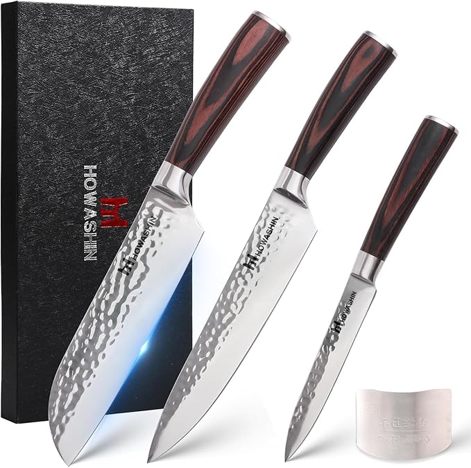 Kitchen Knife Set German Stainless Steel 3Pcs Knife Set High Carbon Chef Knife Ergonomic Colour Wood Handle With Finger Guard and Christmas Gift Box (Sliver)