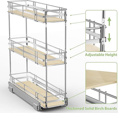 ROOMTEC 3-Tier Pull Out Cabinet Organizer Spice Rack for Narrow Cabinet 7" W x 20½" D, Slide Out Wood Shelves Storage for Kitchen