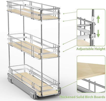 ROOMTEC 3-Tier Pull Out Cabinet Organizer Spice Rack for Narrow Cabinet 5" W x 20½" D, Slide Out Wood Shelves Storage for Kitchen