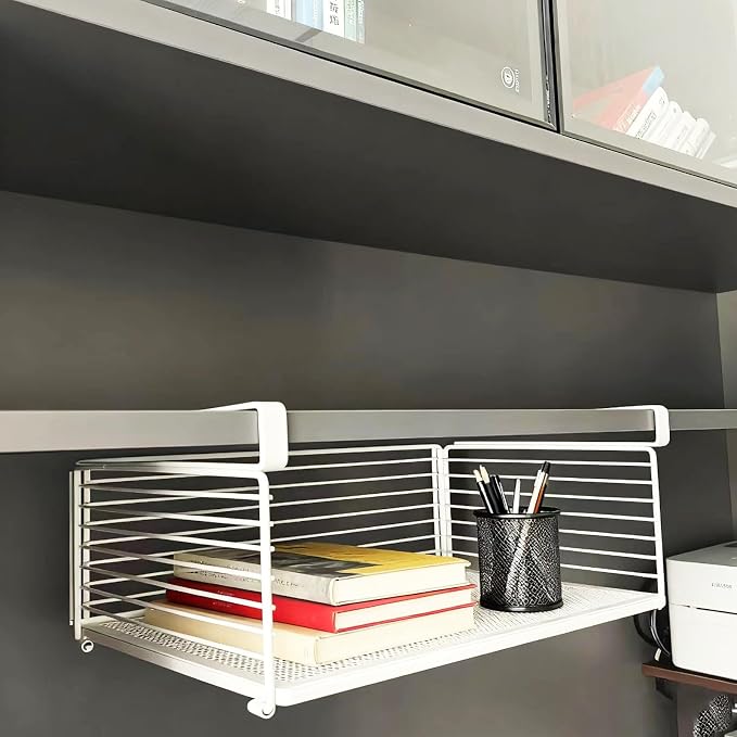 Under Shelf Storage Basket, Metal Wire Slide -in Under Cabinet Organizer, Space-Saving Hanging Organizer for Kitchen, Pantry, Office, Closet, White, 1 Pack(12.2")