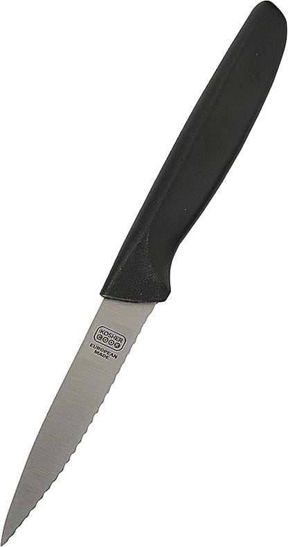 The Kosher Cook Black Kitchen Knife - 4” Steak and Vegetable Knife - Razor Sharp Pointed Tip, Serrated Edge - Color Coded Kitchen Tools