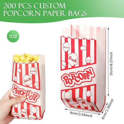 202 Pcs Popcorn Machine Supplies Set, Kernel Sifting Speed Scoop, Stainless Steel Seasoning Dredge with Handle, 200 Pcs Popcorn Bags Bundle for Home Kitchen Theater Movie Tools Supplies (1 Oz)