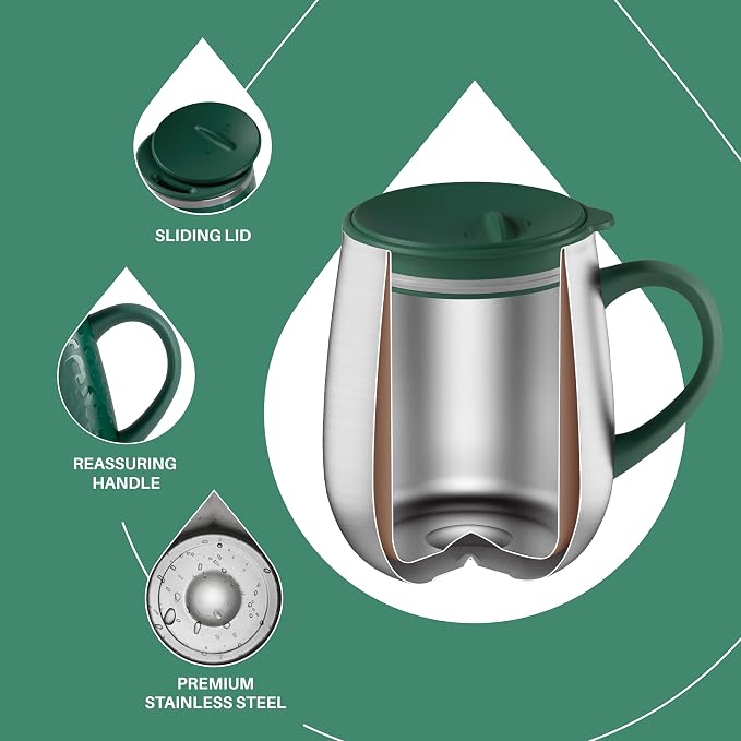 Ideus 16 oz (470 ml) Insulated Coffee Mug with Handle and Lid, Double Wall Stainless Steel Vacuum Thermal Coffee Mug, Travel Coffee Cup Thermal Cup for Home and Office, Leopard Green