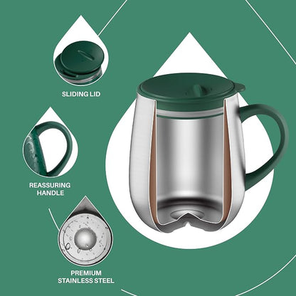 Ideus 16 oz (470 ml) Insulated Coffee Mug with Handle and Lid, Double Wall Stainless Steel Vacuum Thermal Coffee Mug, Travel Coffee Cup Thermal Cup for Home and Office, Leopard Green
