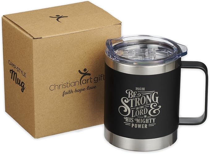 Christian Art Gifts Stainless Steel Double Wall Vacuum Insulated Camp Style Travel Mug 11 oz Black Coffee Mug with Lid for Men/Women with Bible Verse - Be Strong in The Lord -Ephesians 6:10