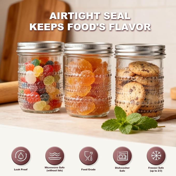 6 Pack Overnight Oats Containers with Lids,Wide Mouth Mason Jars 16 oz, Pint Mason Jars Glass Canning Jars for Storing Food, Sauces, Salad, Relishes