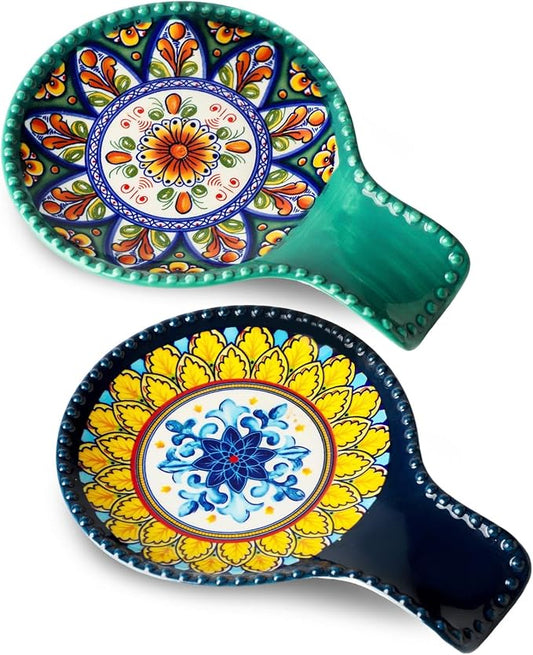 Ceramic Spoon Rest for Stove Top, Bohemian Style 7.7 Inch Large Spoon Holder for Kitchen Counter, Heat-Resistant Cooking Utensil Rest for Spatula, Ladle and Tongs, Dishwasher Safe, Set of 2
