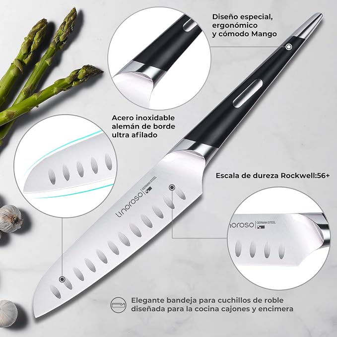 Linoroso Santoku Knife - Ultra Sharp German High-Carbon Stainless Steel, 6 inch - Mako Series with Exquisite In-Drawer Knife Block